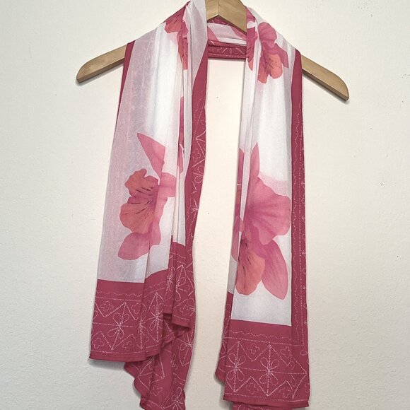 Oscar De la Renta Scarf Shawl Pareo White/Red Floral